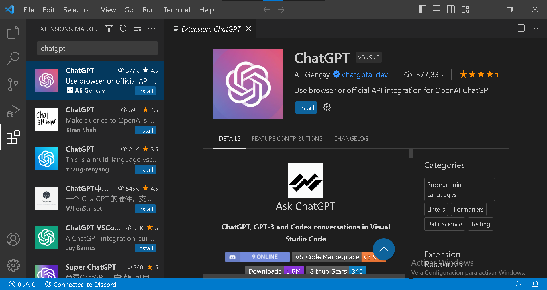 Instalación de la extensión ChatGPT en Visual Studio Code