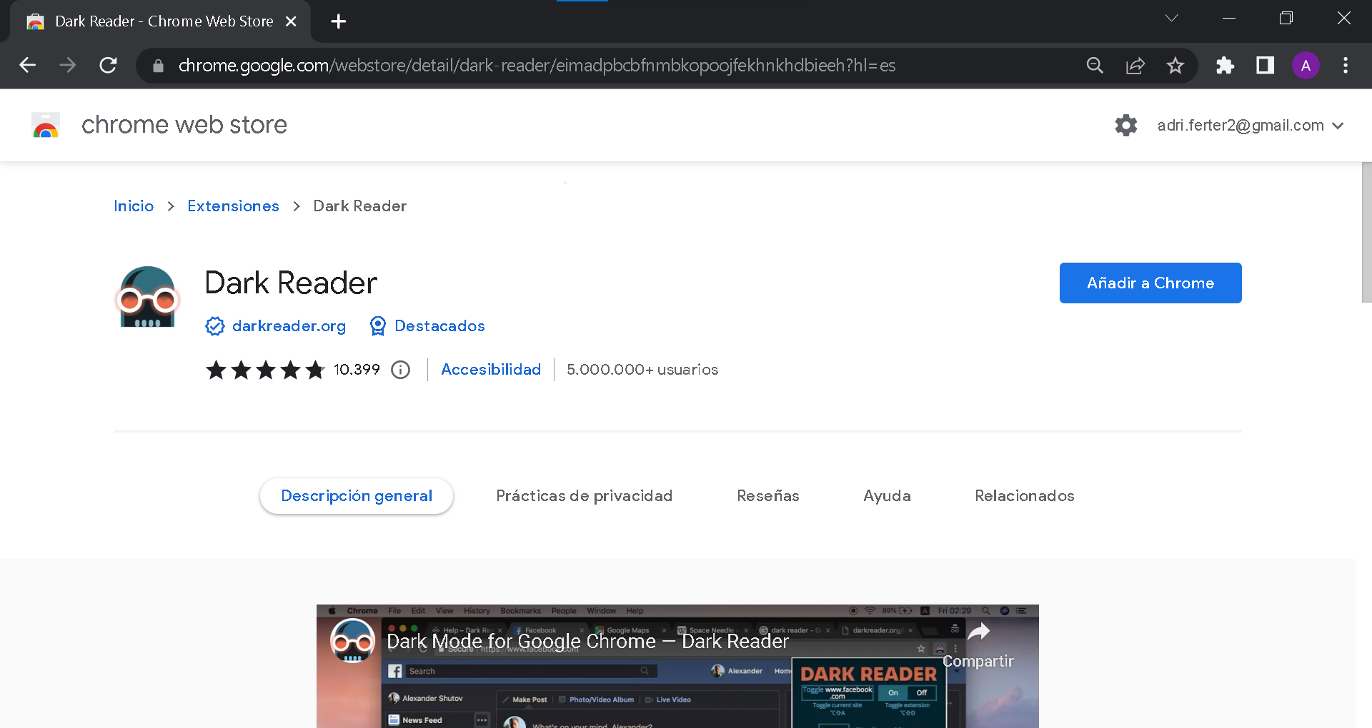 Dark Reader en Google Chrome Store